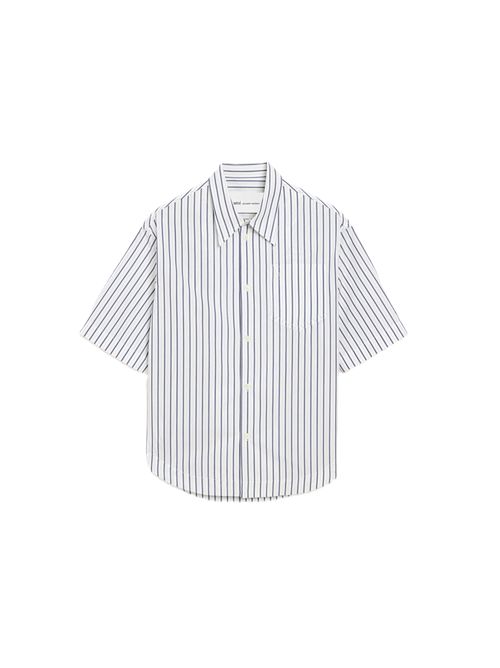 Camicia a maniche corte in popeline di cotone a doppia riga AMI PARIS Ami Paris | USH809.CO0220A074 BLANC/ENCRE